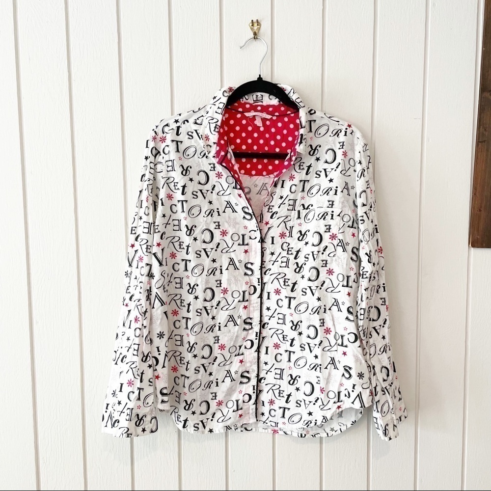 Victoria's Secret White, Black, and Red Snowflake Flannel Pajama Shirt